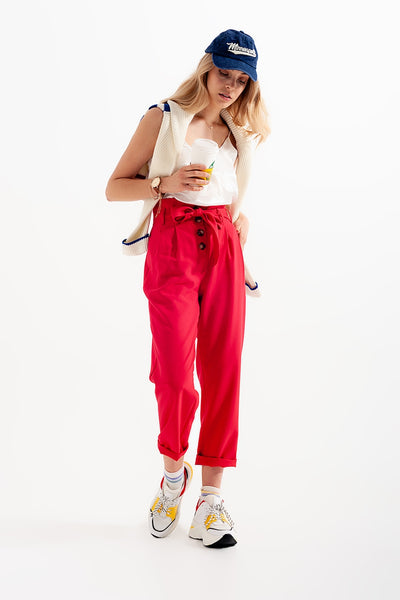 High waist belted paperbag trousers in red