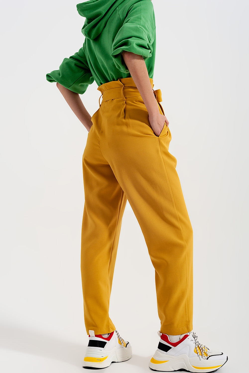 High waist belted paperbag trousers in yellow