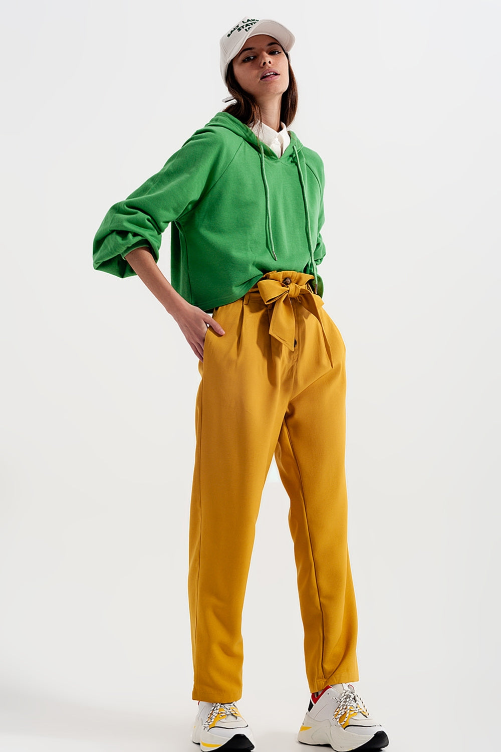 High waist belted paperbag trousers in yellow