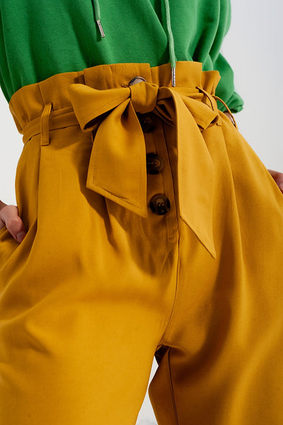 High waist belted paperbag trousers in yellow