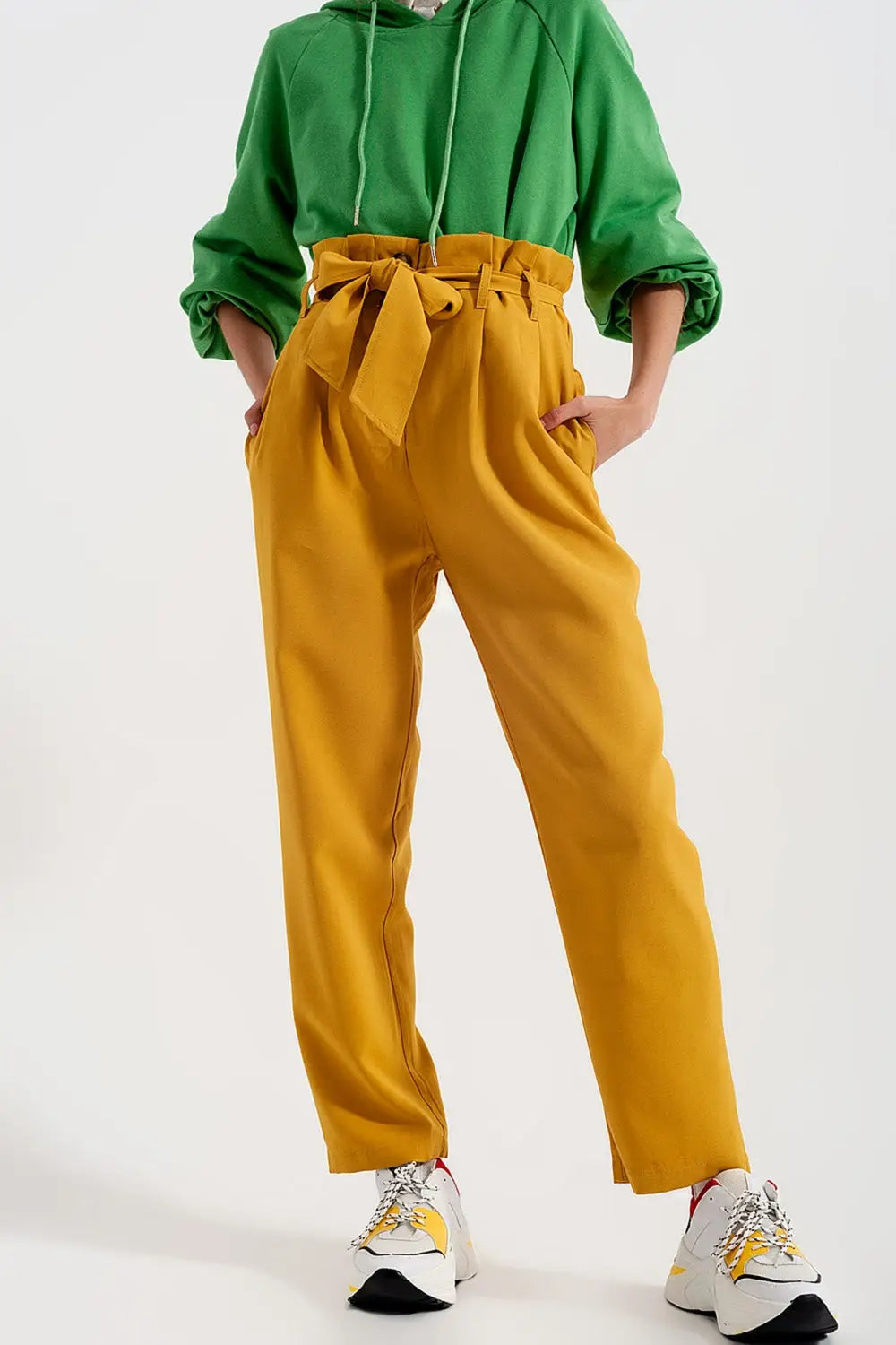 High waist belted paperbag trousers in yellow - Pants