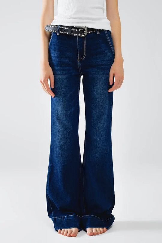 High waist Dark Blue Flare Jeans - Jeans