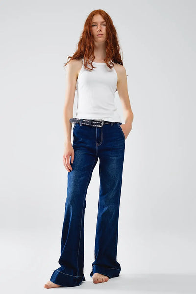 High Waist Dark Blue Flare Jeans - Jeans