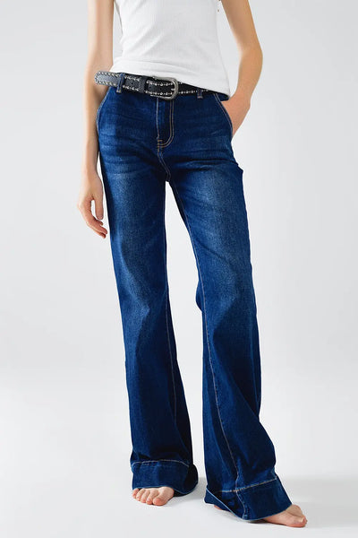 High Waist Dark Blue Flare Jeans - Jeans