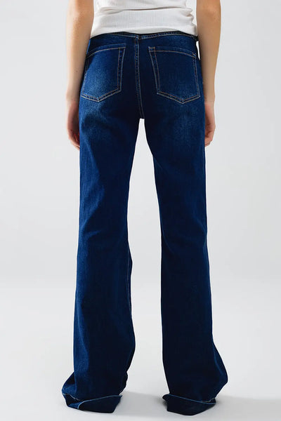 High Waist Dark Blue Flare Jeans - Jeans