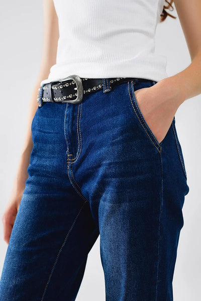 High Waist Dark Blue Flare Jeans - Jeans