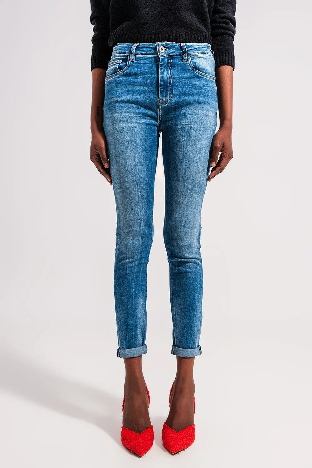 Q2 High waist Elastic skinny jeans in mid blue
