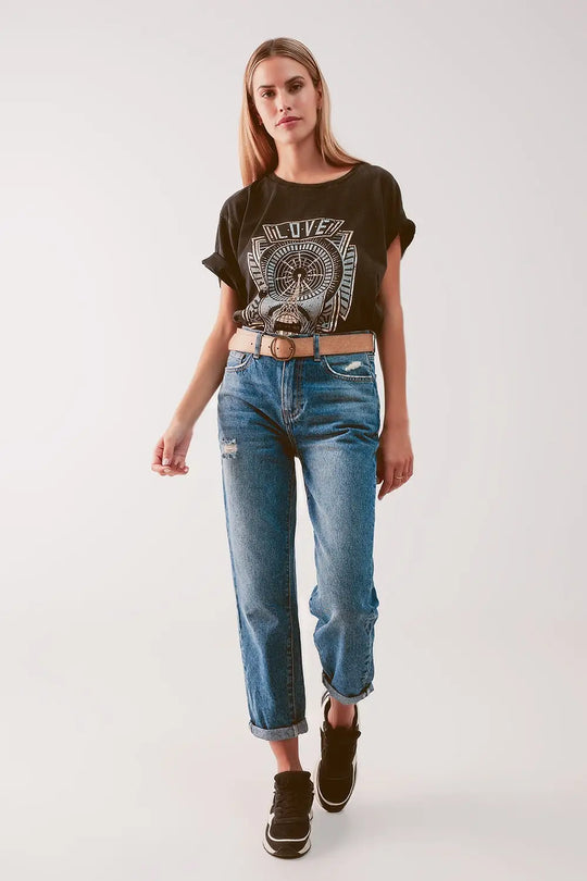 High waist jean with thigh slash in midblue - Jeans