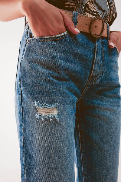 High waist jean with thigh slash in midblue
