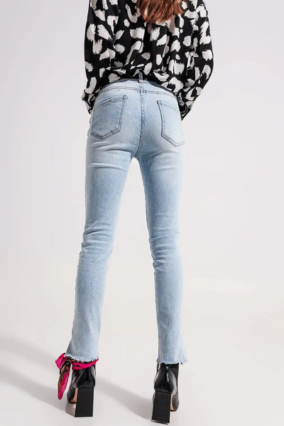 High waist jeans with slit hem in vintage wash - Jeans