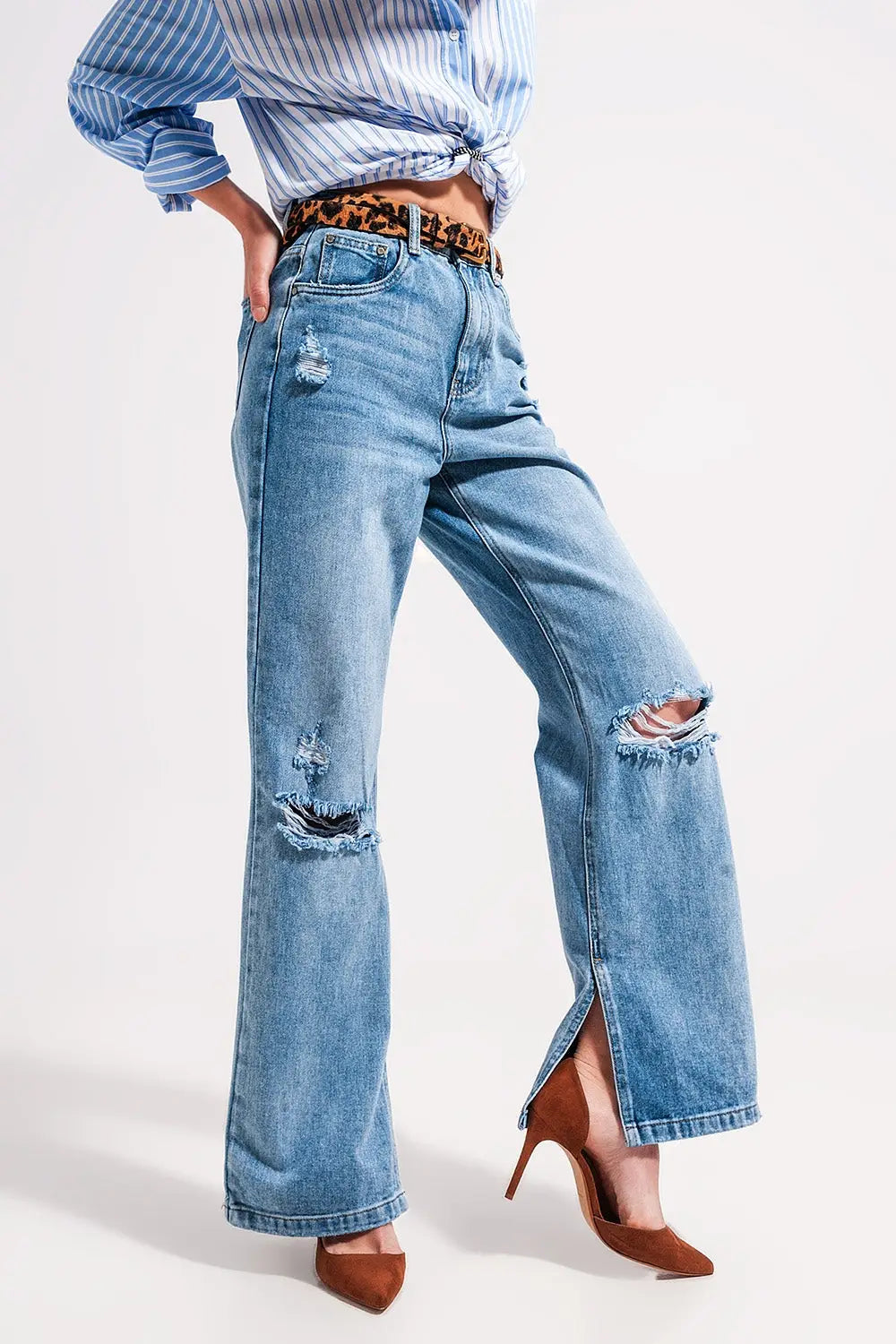 High waist jeans with split hem in vintage wash - Jeans