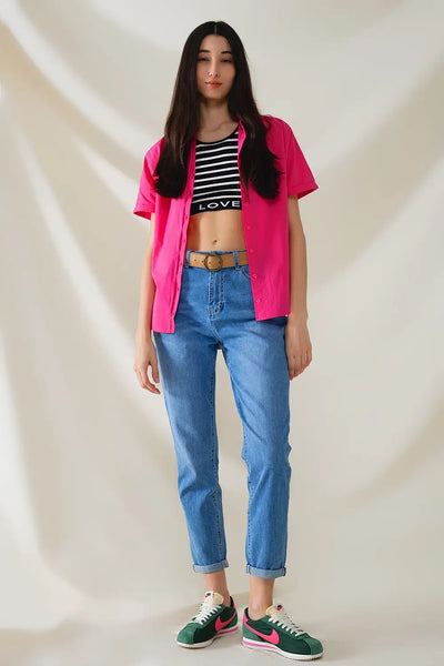 High Waist Mom Jeans In Mid Wash Stretch Denim - Jeans