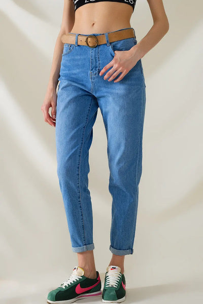 High Waist Mom Jeans In Mid Wash Stretch Denim - Jeans