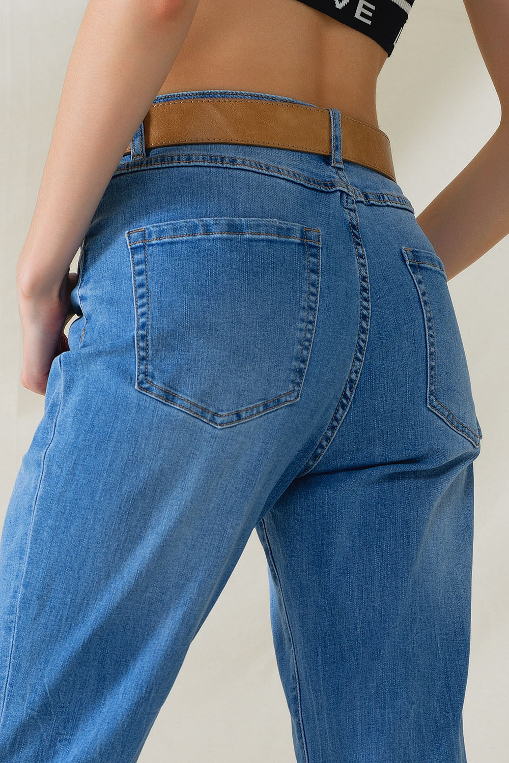 High Waist Mom Jeans In Mid Wash Stretch Denim