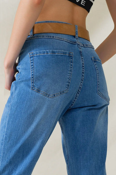 High Waist Mom Jeans In Mid Wash Stretch Denim - Jeans