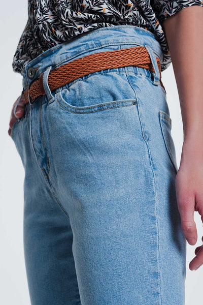 high waist mom jeans with belt in light denim