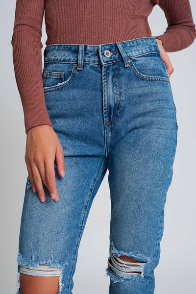 Q2 High waist mom jeans with ripped knees in dark wash blue