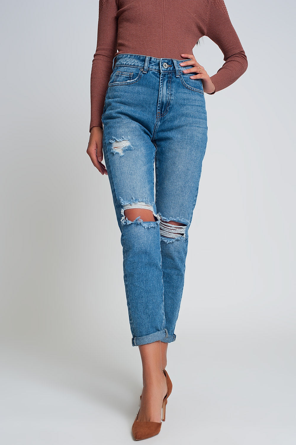 High waist mom jeans with ripped knees in dark wash blue