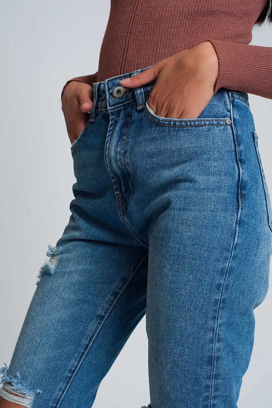 High waist mom jeans with ripped knees in dark wash blue - Jeans