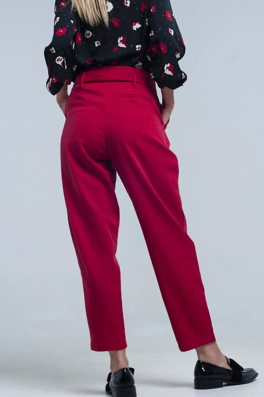 High waist red pants with belt - Pants