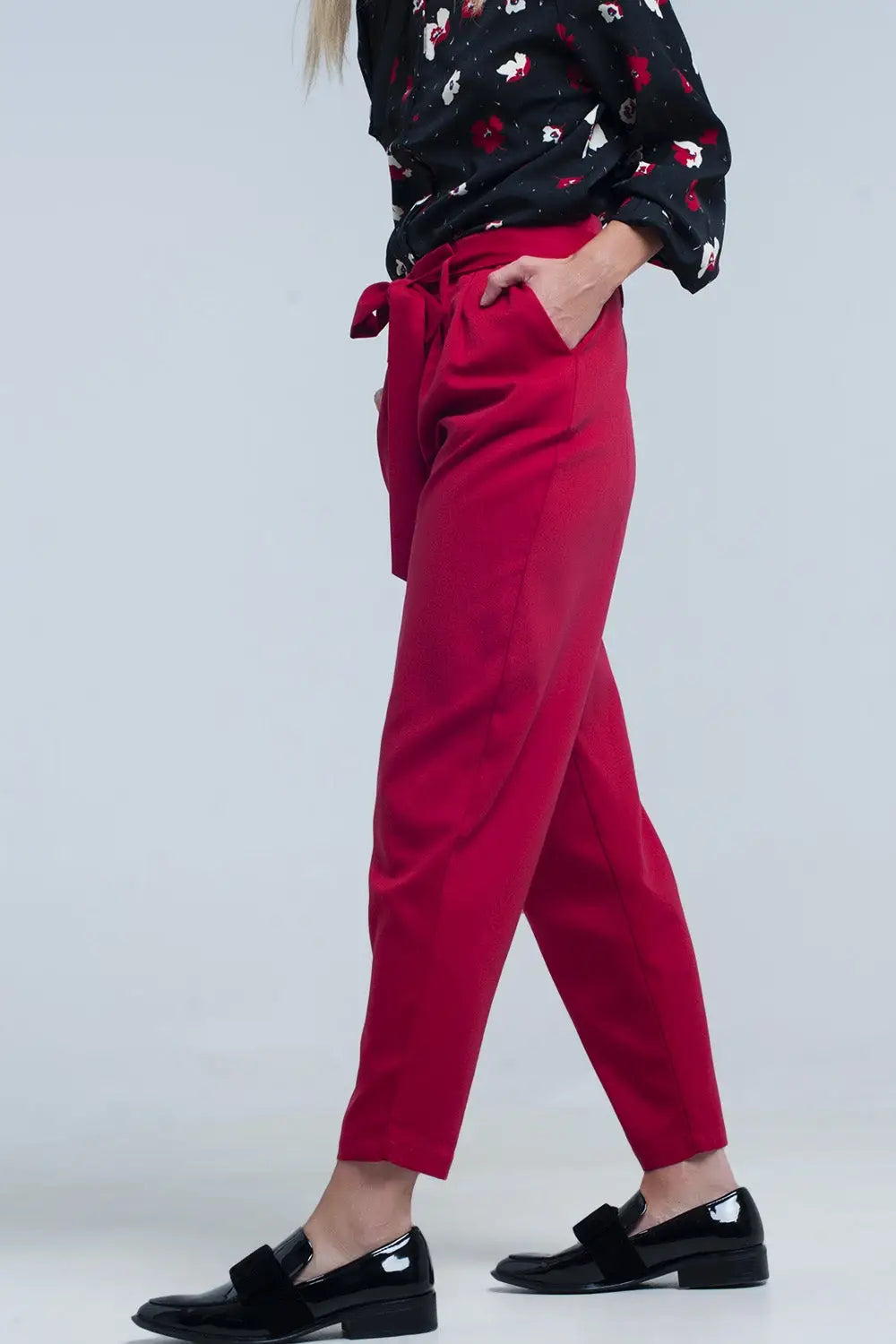 High waist red pants with belt - Pants
