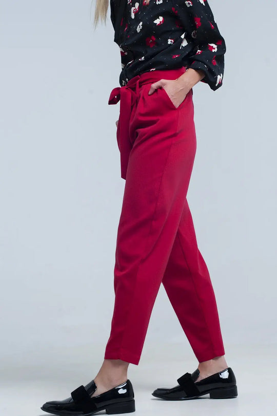 High waist red pants with belt - Pants