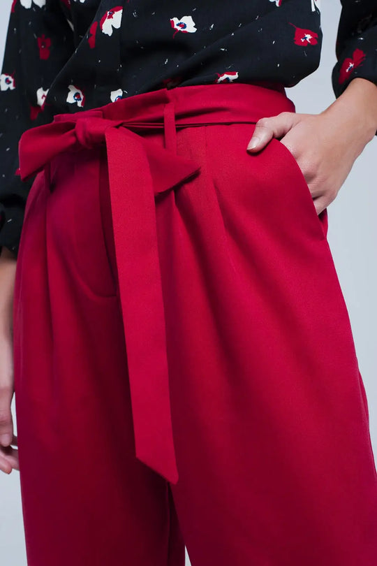 High waist red pants with belt - Pants