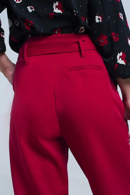 High waist red pants with belt - Pants