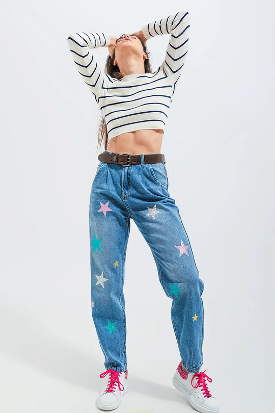 High waist slouch jean with pleat front with star print - Jeans