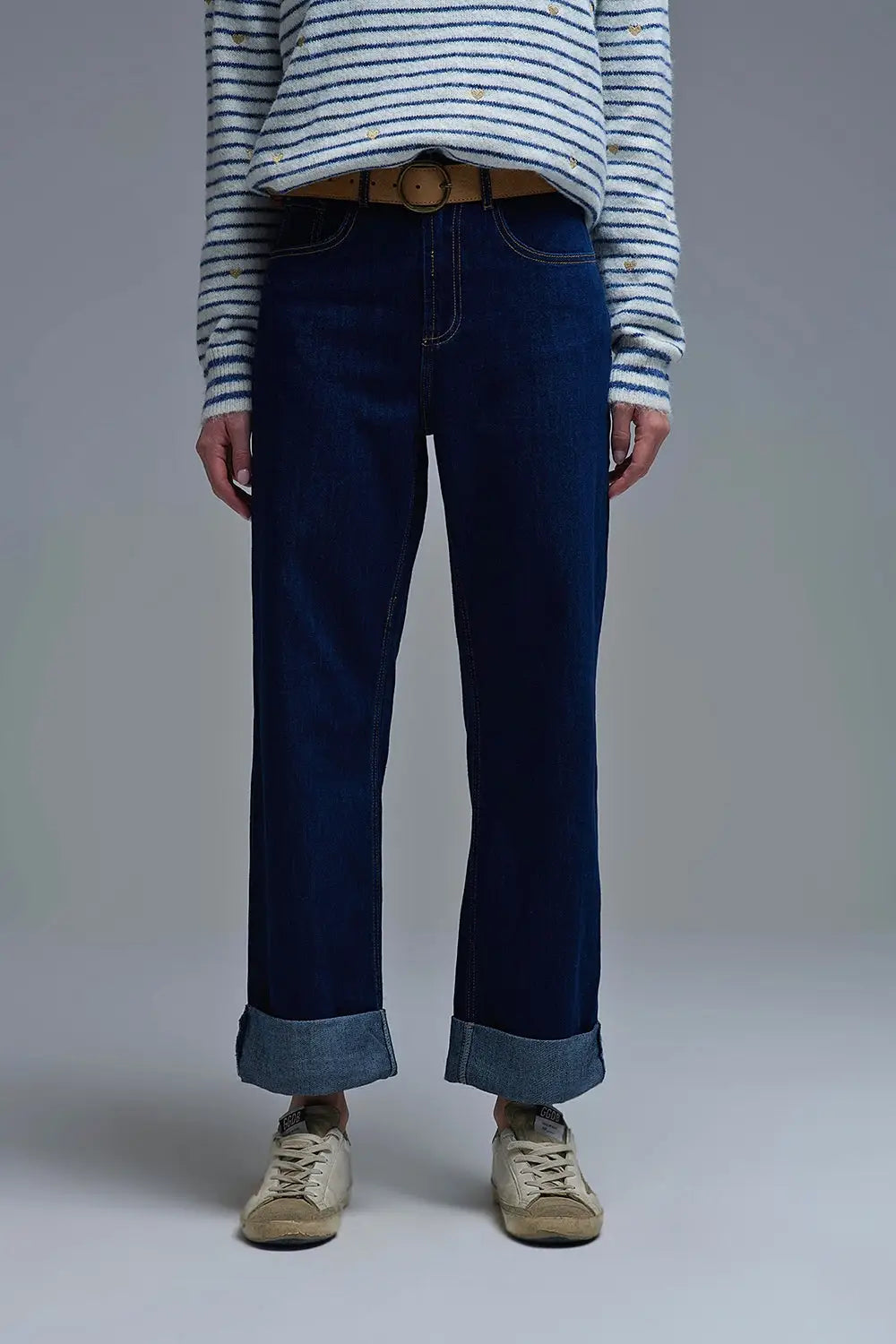 Q2 High-Waisted Dark Blue wide leg Jeans with Folded Hems