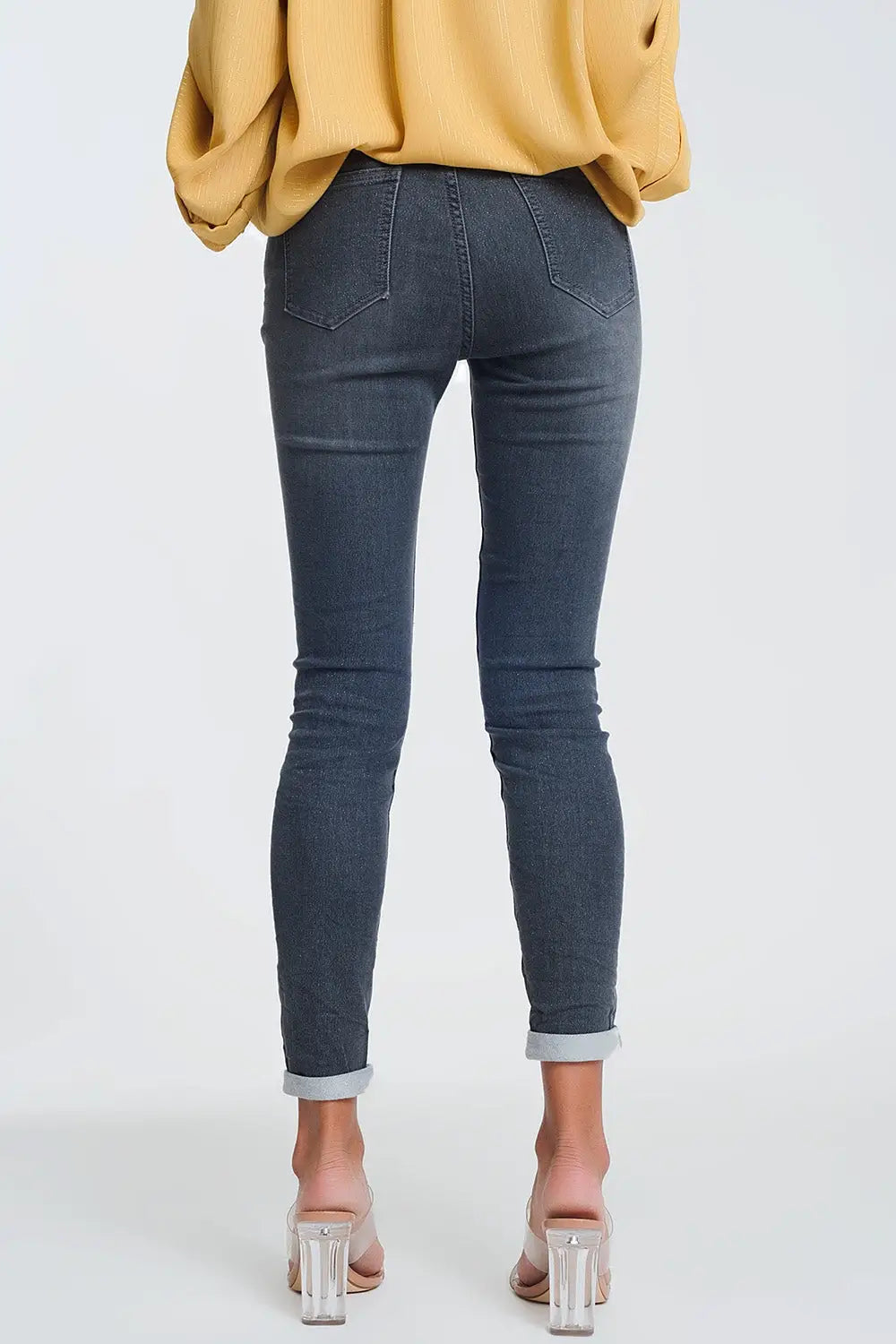 High Waisted Denim Jeans In Glitter Fabric - Jeans