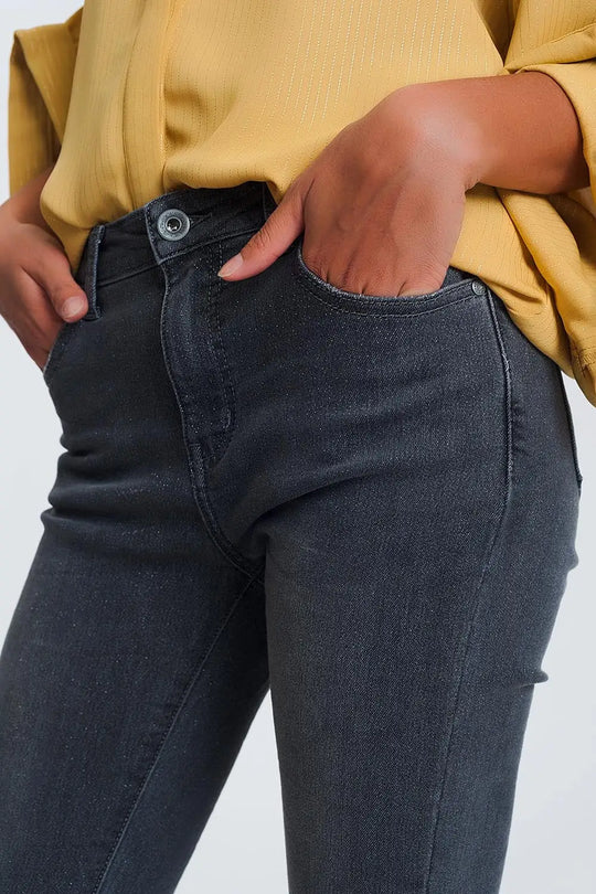 High Waisted Denim Jeans In Glitter Fabric - Jeans