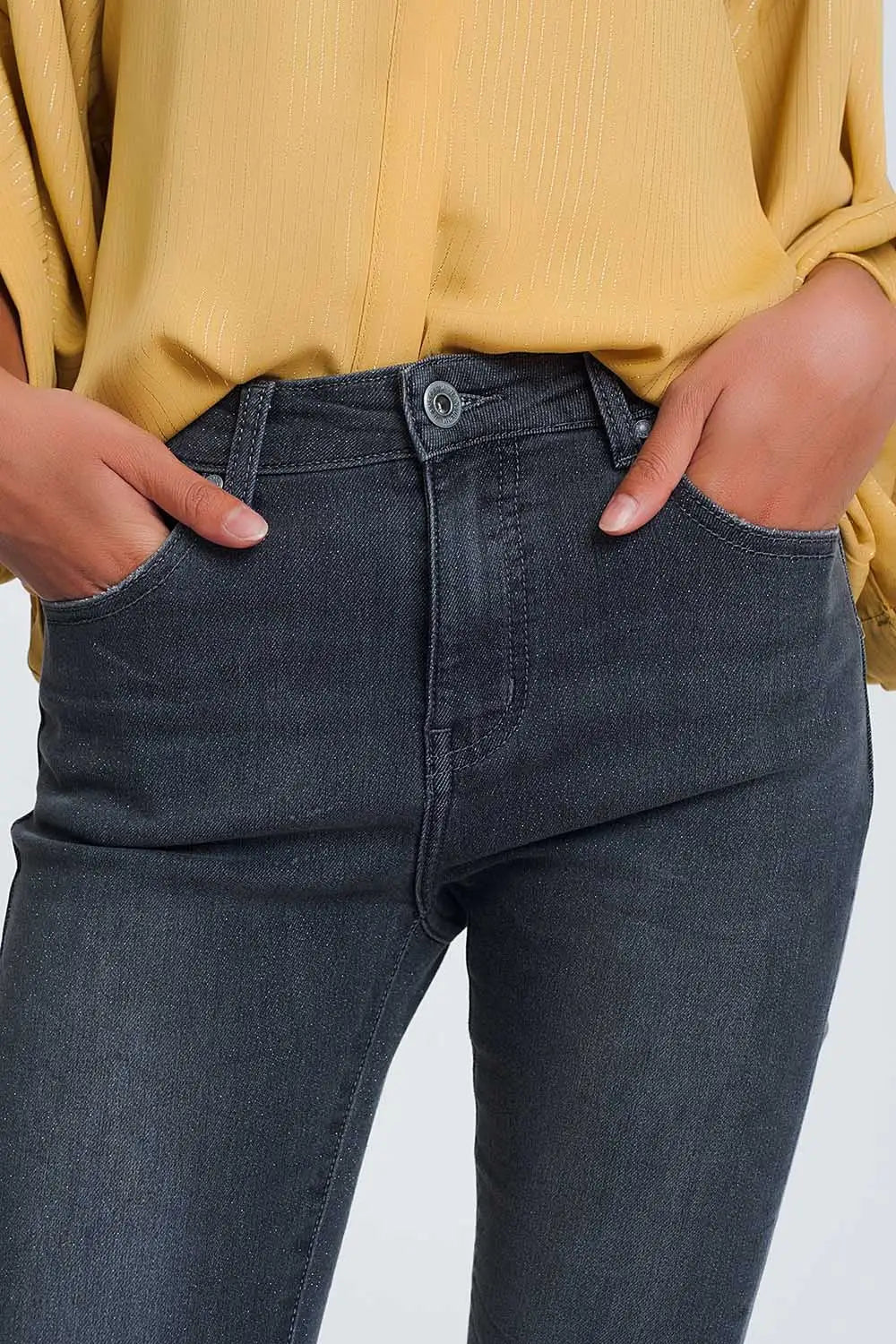 High Waisted Denim Jeans In Glitter Fabric - Jeans