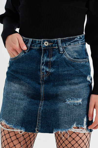 High waisted denim mini skirt with medium washed ripped