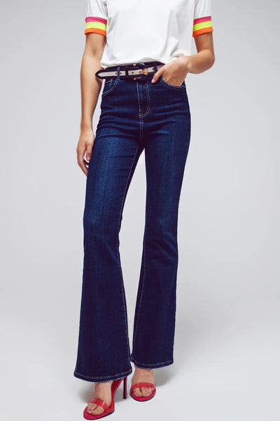 High Waisted Flared Jeans In Dark Wash - Jeans