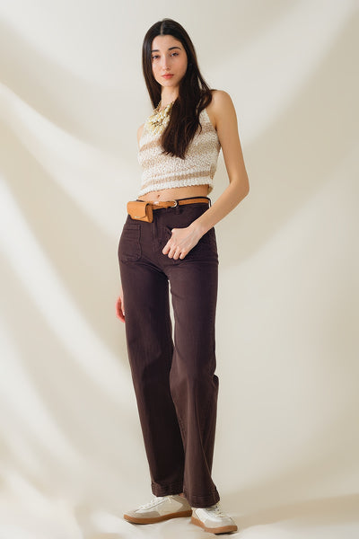 high waisted front pockets flare jeans in dark brown