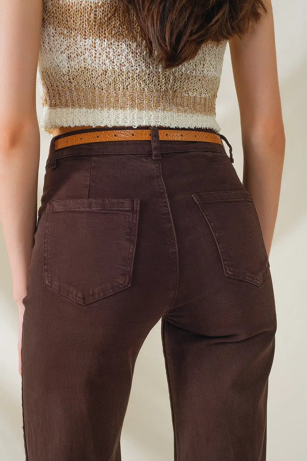 high waisted front pockets flare jeans in dark brown - Jeans