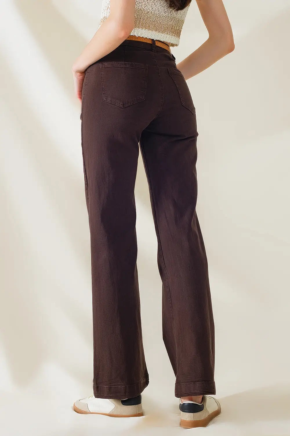 high waisted front pockets flare jeans in dark brown - Jeans