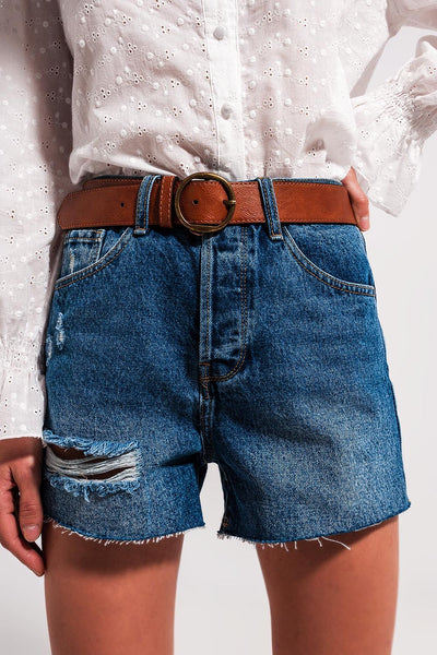 High waisted ripped denim shorts in mid wash