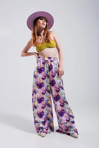 High waisted satin wide leg pants in purple floral - Pants