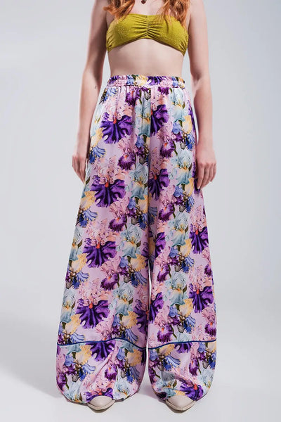 High waisted satin wide leg pants in purple floral - Pants