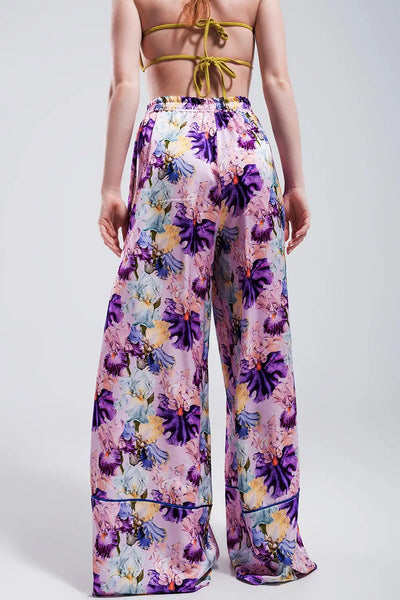 High waisted satin wide leg pants in purple floral - Pants