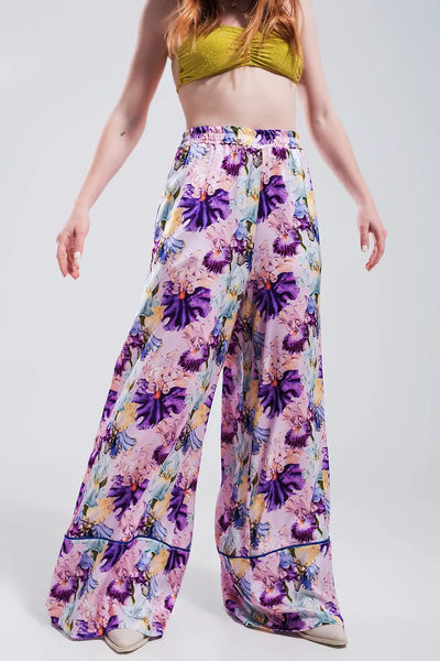 High waisted satin wide leg pants in purple floral - Pants