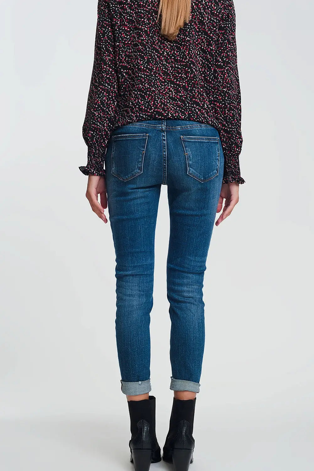 High waisted skinny jeans in dark wash blue with ripped details - Jeans