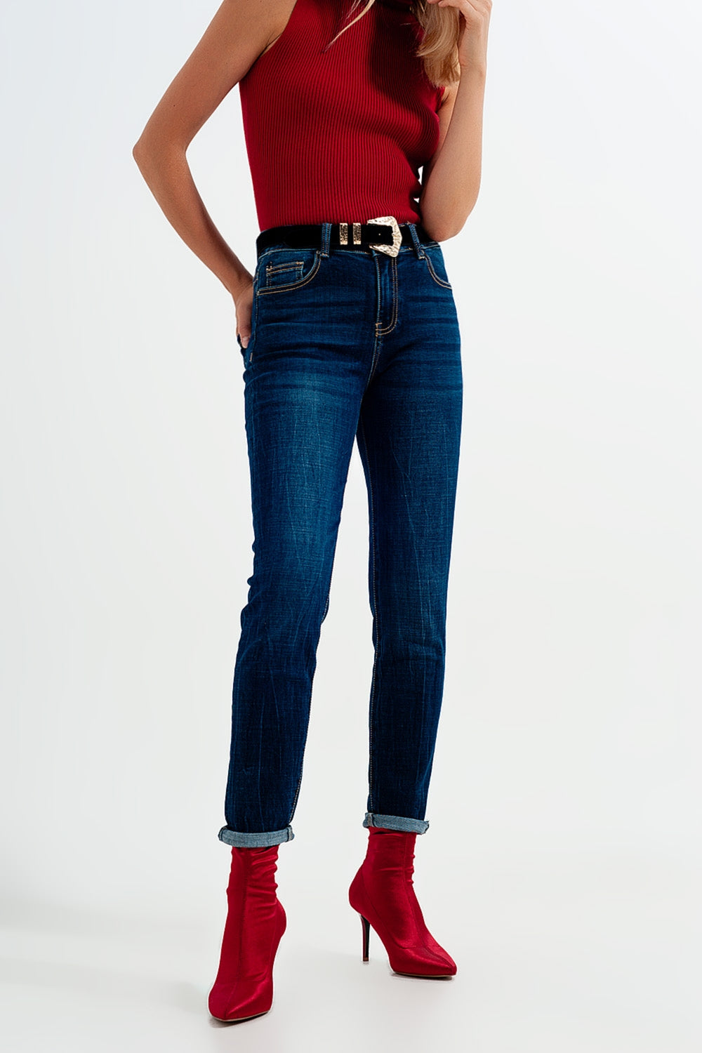 high waisted skinny jeans in mid blue wash