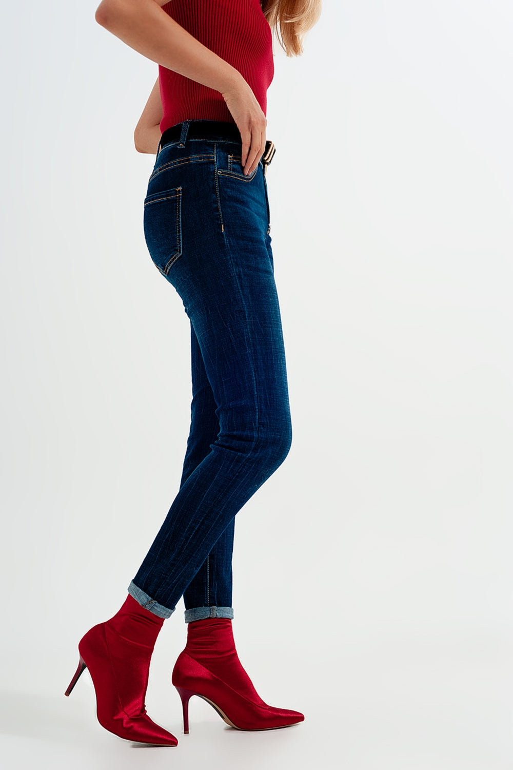 high waisted skinny jeans in mid blue wash