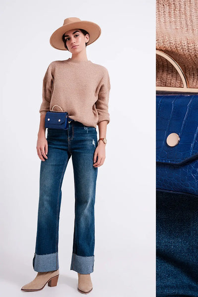 High waisted straight jean with roll hem in blue - Jeans