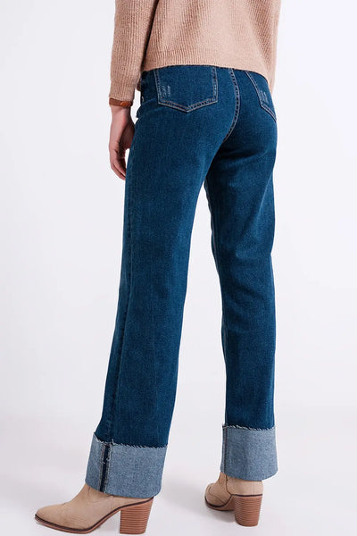 High waisted straight jean with roll hem in blue - Jeans