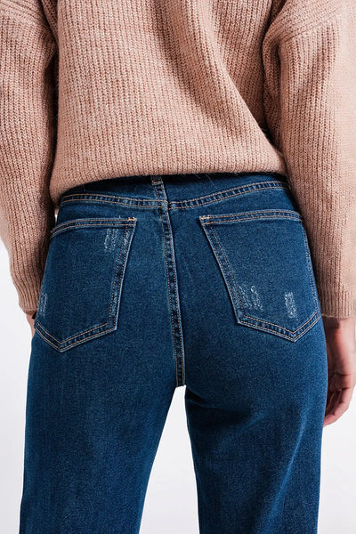 High waisted straight jean with roll hem in blue - Jeans