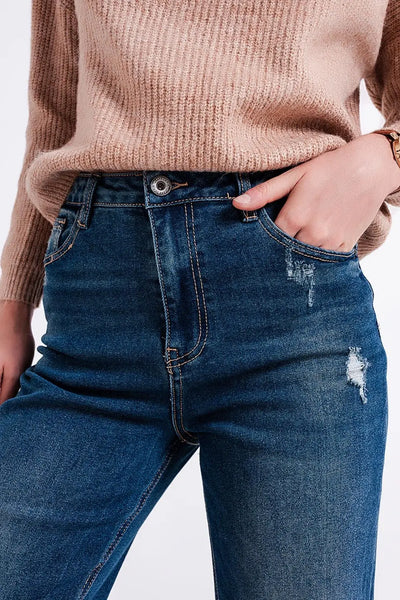 High waisted straight jean with roll hem in blue - Jeans